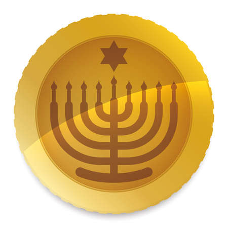 Hanukkah gelt -chocolate coin wrapped in golden foil- decorated with hanukkiah and David's Star silhouette over white background.のイラスト素材