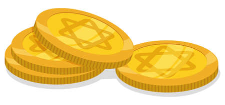 Pile of golden coins decorated with Star of David in cartoon style, over white background.のイラスト素材