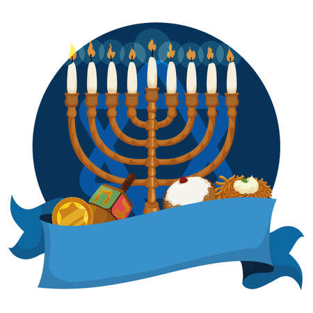 Festive design for Hanukkah with traditional elements: hanukkiah with lighted candles, dreidel, gelt, sufganiyah and latke behind blue ribbon and button with David's Star.のイラスト素材
