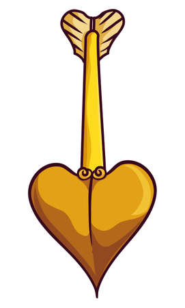 Golden arrow in vertical position, flying straight to you, in cartoon style with outlines over white background.のイラスト素材