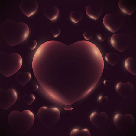 Heart shaped balloon and tiny flying hearts around it over dark background.のイラスト素材