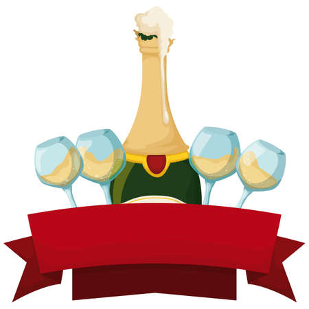 Template with uncorked champagne bottle spilling froth, wine glasses and empty red ribbons.のイラスト素材