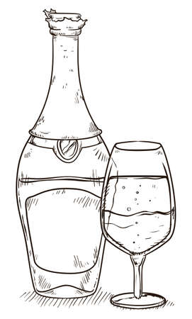 Champagne bottle and a wine glass close of it in hand drawn style.のイラスト素材