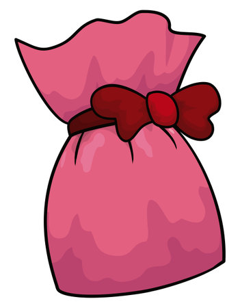 View of pink satchel, decorated with a red bow tie. Design in cartoon style and outlines, isolated over white background.のイラスト素材