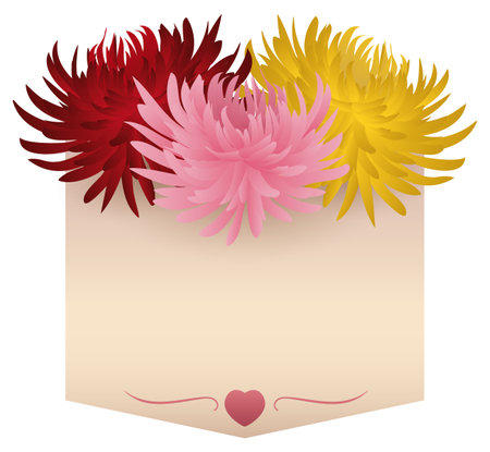 Pennant template with scroll texture, tiny pink heart decoration and beautiful chrysanths: red, pink and yellow colored.のイラスト素材