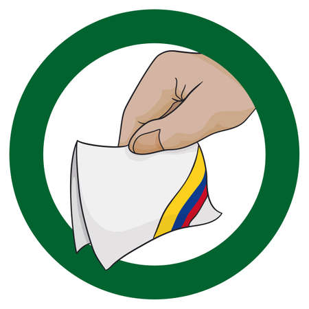 Green round frame with hand holding a folded vote, decorated with Colombian flag colors in cartoon style.のイラスト素材