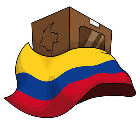 Colombia's flag wrapping a cardboard ballot box, decorated with Colombian map full of votes. Design in cartoon style.のイラスト素材
