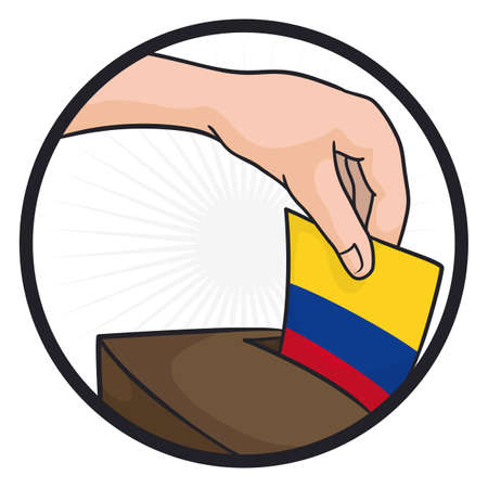 Round frame with hand holding a vote with tricolor Colombia's flag, depositing it inside the ballot box.のイラスト素材