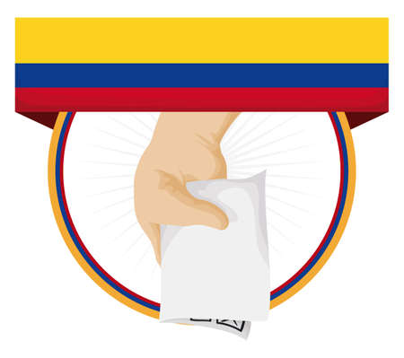Patriotic design for Colombia's elections day: tricolor flag and round frame with hand holding a vote.のイラスト素材