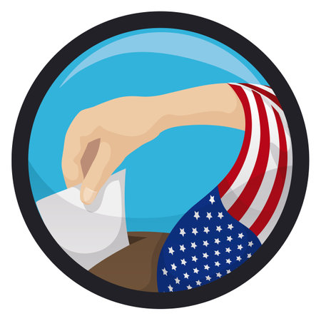 Round button with patriotic suffrage scene: hand depositing the vote inside the urn with U.S.A. flag.のイラスト素材