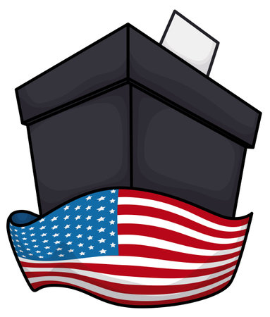 Black ballot box with vote wrapped with patriotic, waving U.S.A. flag. Design in cartoon style over white background.のイラスト素材