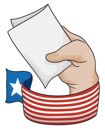 American design in a ribbon wrapping a wrist with hand holding a folded vote, ready to elections season.のイラスト素材