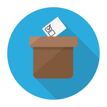 Blue round button with ballot box and vote with check mark in flat style and long shadow.のイラスト素材
