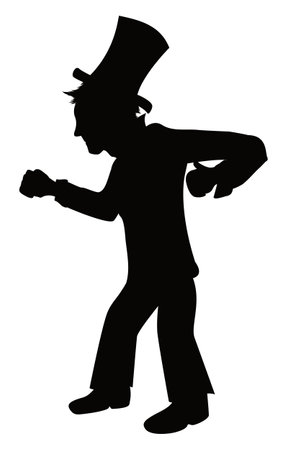 Elegant gentleman in black silhouette, with gloves, top hat, fine shoes and garment, standing in fighting position.のイラスト素材