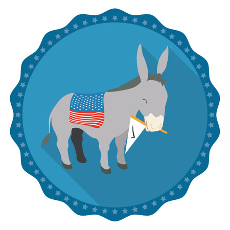 Blue round button with gray donkey inside of it, holding a pennant with check symbol and U.S.A. flag like saddle. Design in flat style and long shadow.のイラスト素材