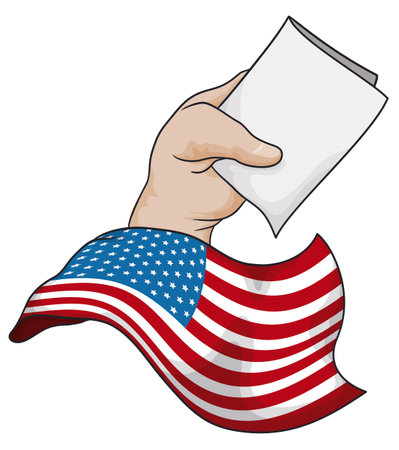 American flag with rising hand holding a vote for U.S.A. elections.のイラスト素材