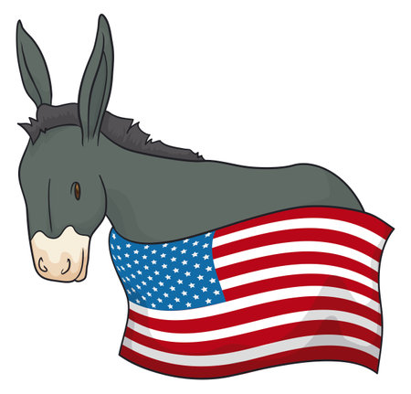 Cute gray donkey wrapped with patriotic U.S.A. flag. Design in cartoon style over white background.のイラスト素材