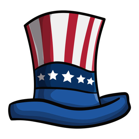 Characteristic and iconic American top hat, with patriotic stripes and stars in cartoon style over white background.のイラスト素材