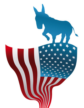 Design with blue donkey silhouette standing in the top of waving U.S.A. flag in vertical position.のイラスト素材