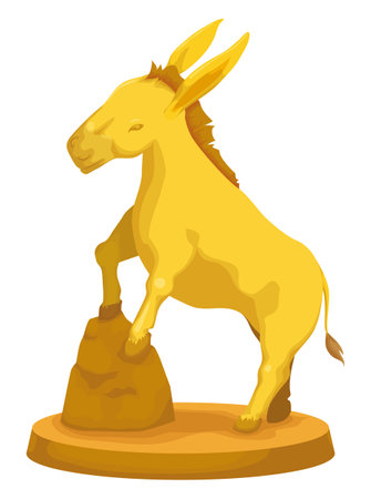 Golden sculpture with donkey figure climbing a rock over a round a pedestal. Design in cartoon style and white background.のイラスト素材