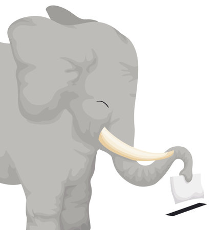 Big, cute and smiling elephant with a vote in its trunk, exercising the suffrage during elections.のイラスト素材