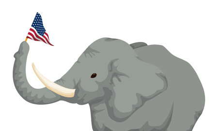 Gray elephant raising its trunk while holding a tiny pennant with U.S.A. flag design.のイラスト素材