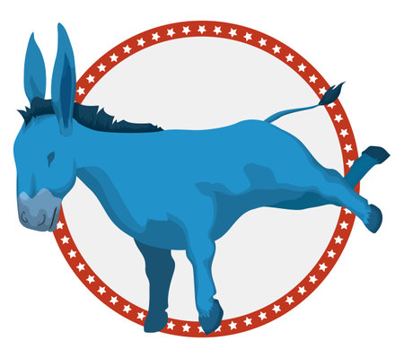 Blue donkey kicking, inside a red round button decorated with starry frame for American elections.のイラスト素材