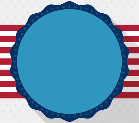 American template with blue round pin and starry frame, label with red and white stripes over dotted background.のイラスト素材