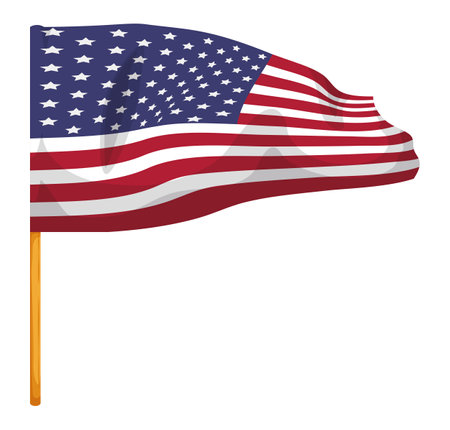 Golden flagpole with lifted and waving U.S.A. flag, isolated over white background.のイラスト素材