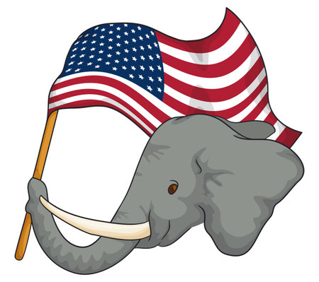 Patriotic gray elephant face holding with its trunk a waving American flag.のイラスト素材