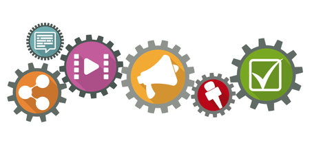 Gears in different sizes and symbols about media inside of it: megaphone, microphone, share symbol for social media, square check, speech balloon and video icon. Design in flat style and long shadow.のイラスト素材