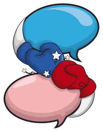 Speech bubbles depicting a debate fighting scene: one with red glove, punching the other with blue glove.のイラスト素材
