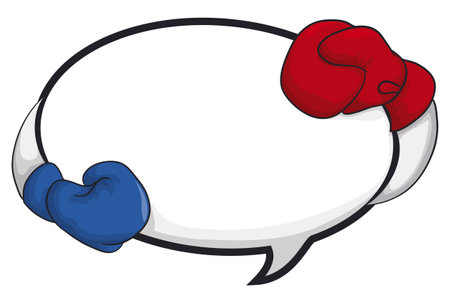 Conceptual speech bubble template decorated with boxing gloves, one red and another blue colored. Design in cartoon style and outlines.のイラスト素材
