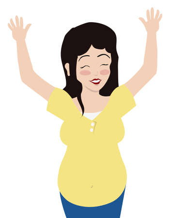 Young and happy pregnant mom, with her arms high, celebrating her maternity and wearing yellow clothes. Design in flat style.のイラスト素材