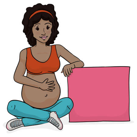 Happy brunette pregnant mom, touching her belly after the prenatal exercises, next to a pink box with empty space. Design in cartoon style over white background.のイラスト素材