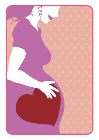 Retro style pink card with silhouette of pregnant woman with long dress, touching her belly with symbolic heart on it.のイラスト素材