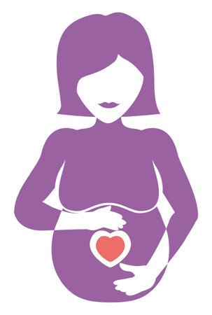 Flat design with purple silhouette of pregnant woman, touching her belly with a pink heart on it.のイラスト素材