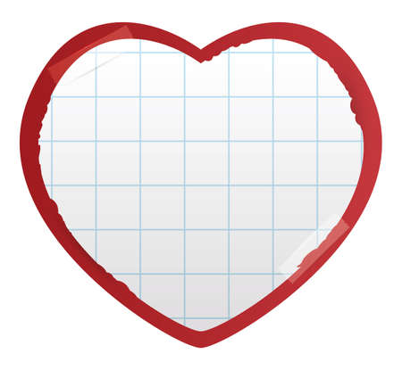 Heart shaped frame with squared notebook paper cutting inside it, pasted with tape. Template design over white background.のイラスト素材