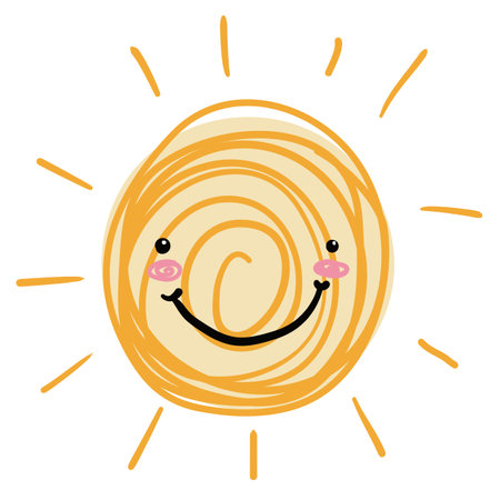 Childish doodle drawing of a smiling sun with blushed gesture.のイラスト素材