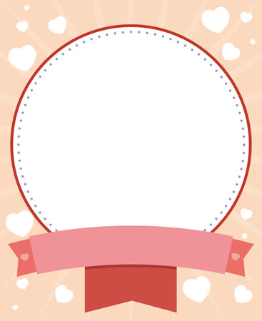 Template with round button, different size ribbons and floating hearts in the background. Design in flat style for lovely holidays.のイラスト素材