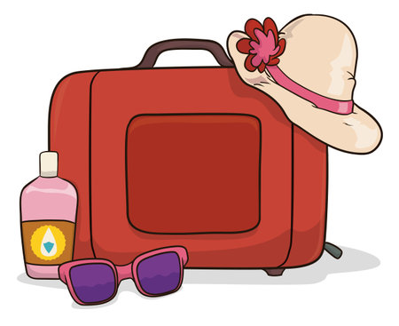 Seasonal set ready for summertime vacations in cartoon style: UV sunscreen in bottle, female hat, sunglasses and orange suitcase.のイラスト素材