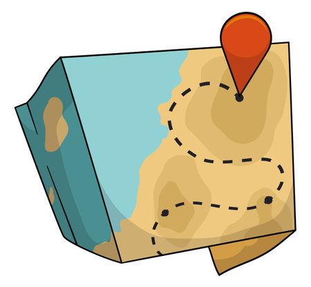 Unfolded map with location and dotted trace. Design in cartoon style and outlines over white background.のイラスト素材