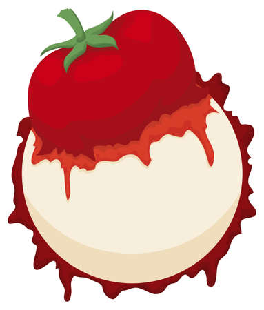 Tomato squished over round button, spilling ketchup, isolated over white background.のイラスト素材