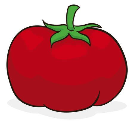Ripe and fleshy tomato with stem in cartoon style, isolated over white background.のイラスト素材
