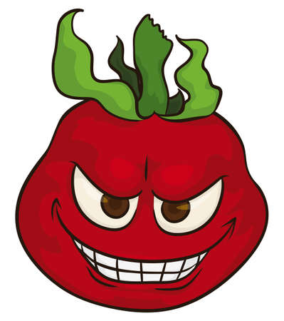 Ripe tomato with fearless and smiling gesture with green stem and, flying across the air. Character in cartoon style over white background.のイラスト素材