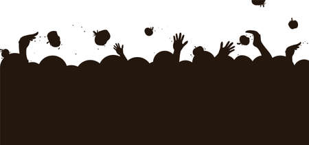 Banner with dark silhouette of a crowd playing throwing tomatoes, over white background.のイラスト素材