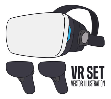 Design in flat style of a virtual reality headset, with controllers ready to enjoy the metaverse.のイラスト素材