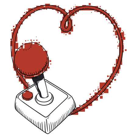 Vintage joystick controller, with long cord forming a heart and colored with red pixels.のイラスト素材