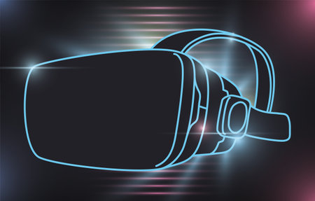 Design in black background, glows and virtual reality headset in outlines with counterlight exposure.のイラスト素材