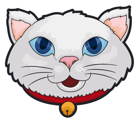 Cute cat face with blue eyes, white fur and open mouth, wearing a red collar and golden jingle bell.のイラスト素材
